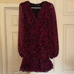 Express Black & Magenta Printed Long Sleeve Wrap Dress
